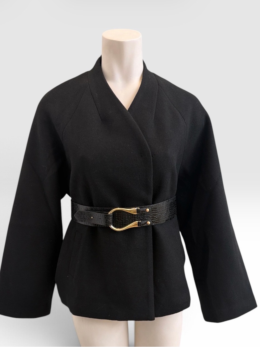Commense V neck belted cotton blend Coat. With Black Textured Waist Belt